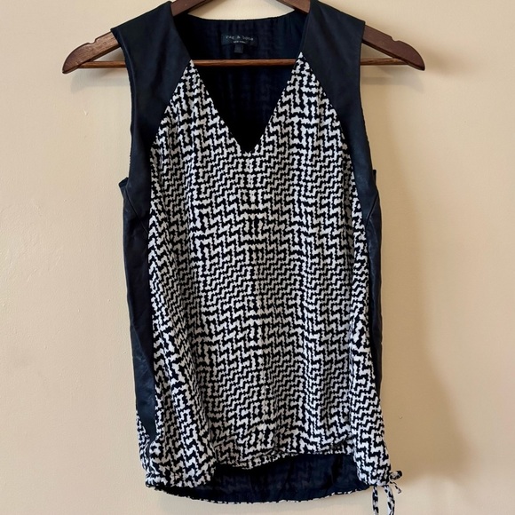Rag & Bone|Luxurious Black/White Zigzag Silk & Lamb Leather Sleeveless Top Sz XS - Picture 2 of 6